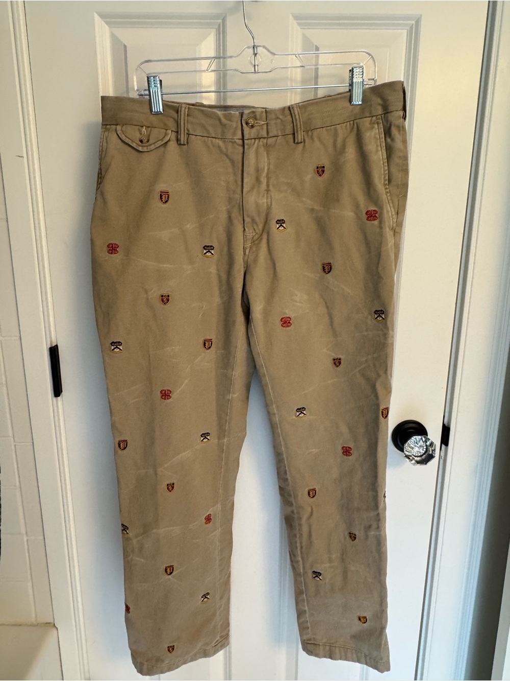 Ralph Lauren Distressed Khaki Chinos with Embroidered Crests & Shields